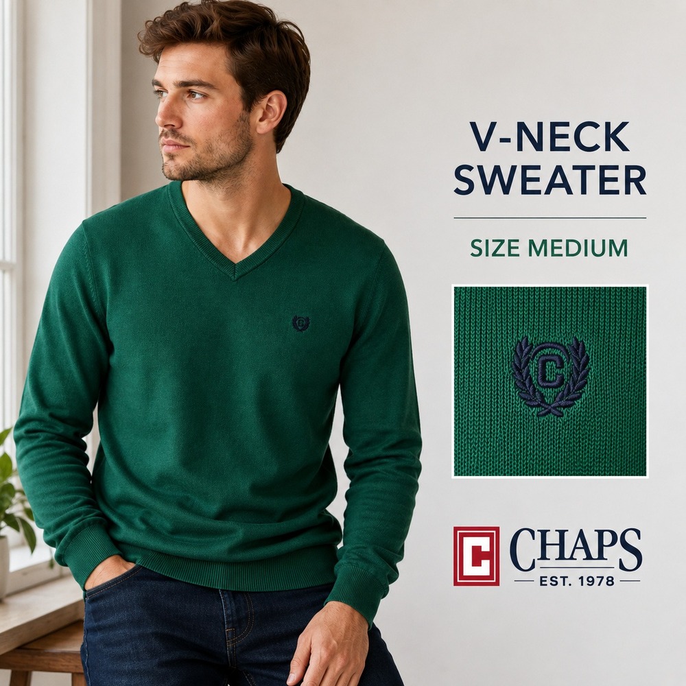 Chaps Men's Green V-Neck Knit Sweater Pullover Long Sleeve Size M Oversized